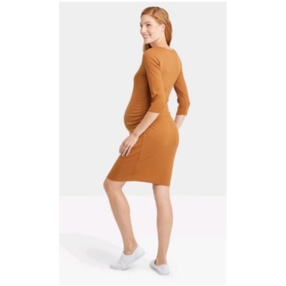 💜 Isabel Maternity Tan Brown Ribbed Bodycon Midi Dress Size Medium